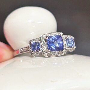 14kt White Gold, Natural Mined Diamond and Tanzenite Trinity Ring